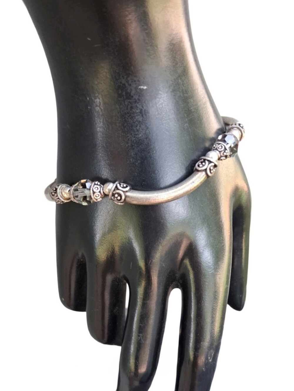 Vintage Bali Style Antique Silver Curved Bar Faceted Grey Crystal Clasp Bracelet